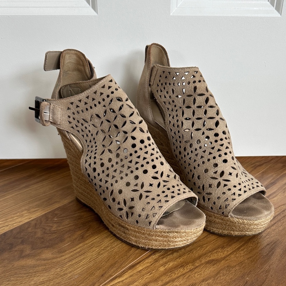 Marc Fisher Laser-Cut Suede Wedge Sandals in Beige